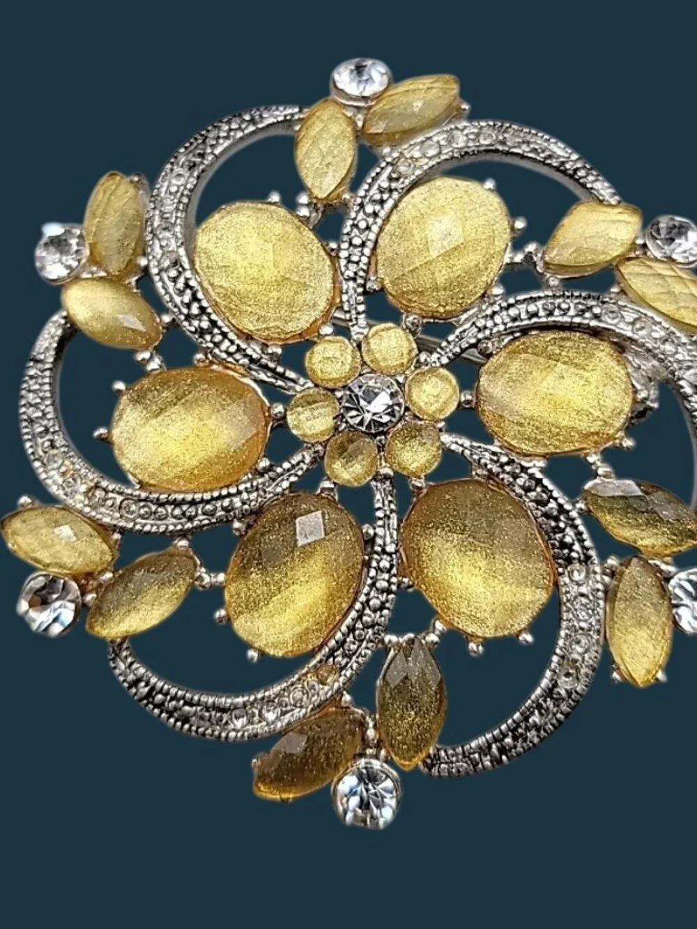 Liz Claiborne Yellow Rhinestone Brooch Clear Accents Silver Tone Vintage